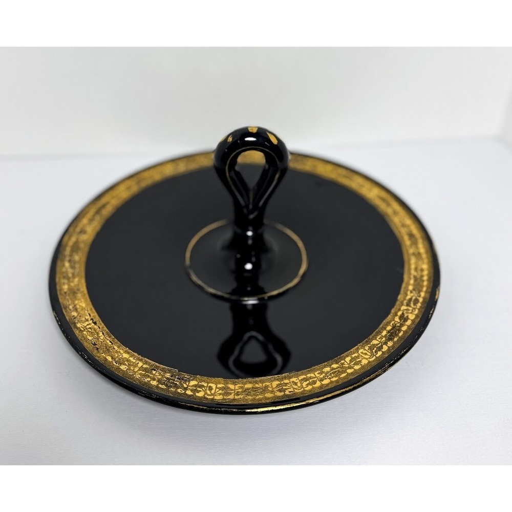 Vintage Black Amethyst Glass Gold Trim Cake Sandwich Plate Center Handle Server